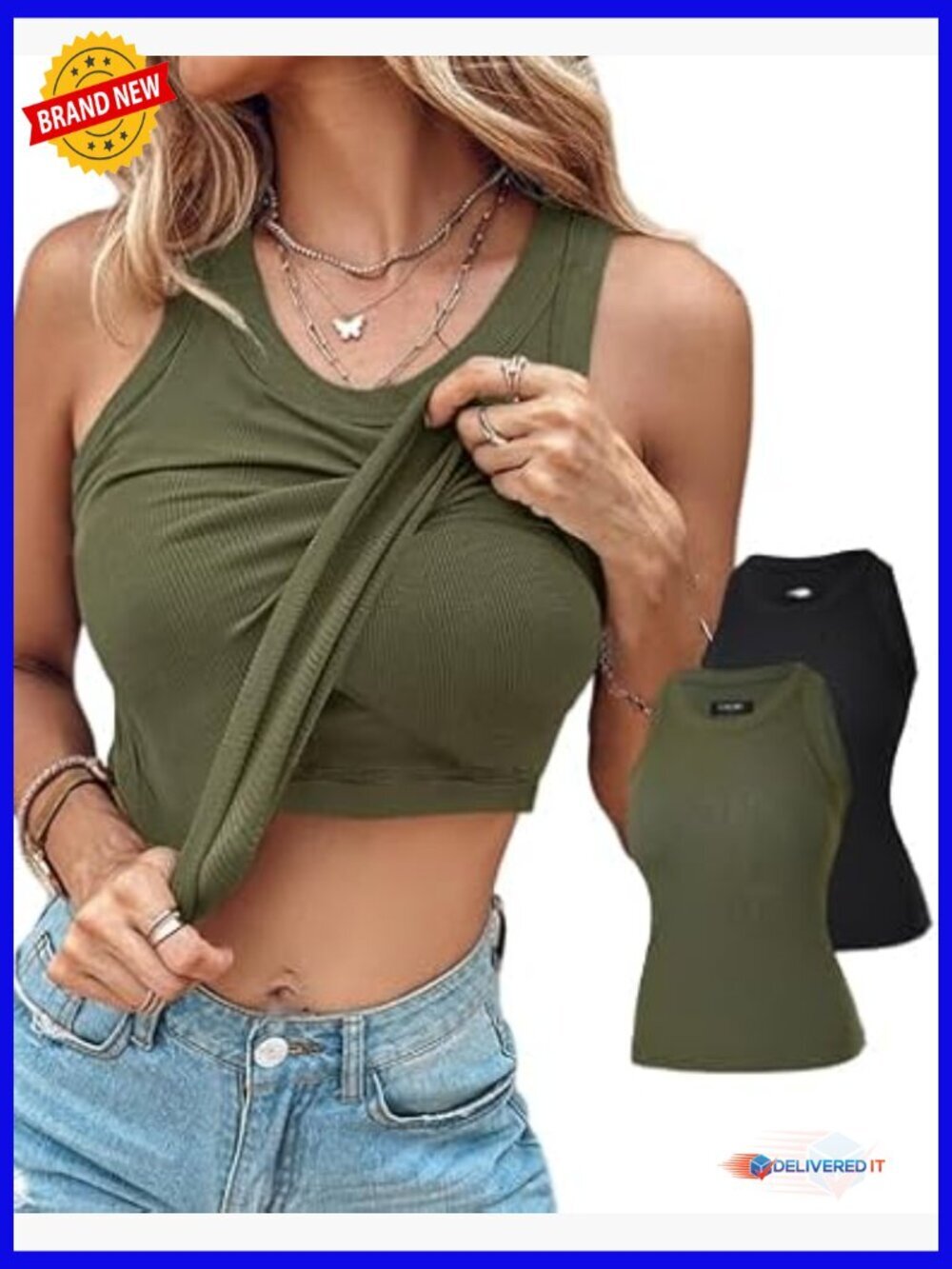 2 Pack Built-in Bra Tank Tops for Women Ribbed Racerback Fitness Tops